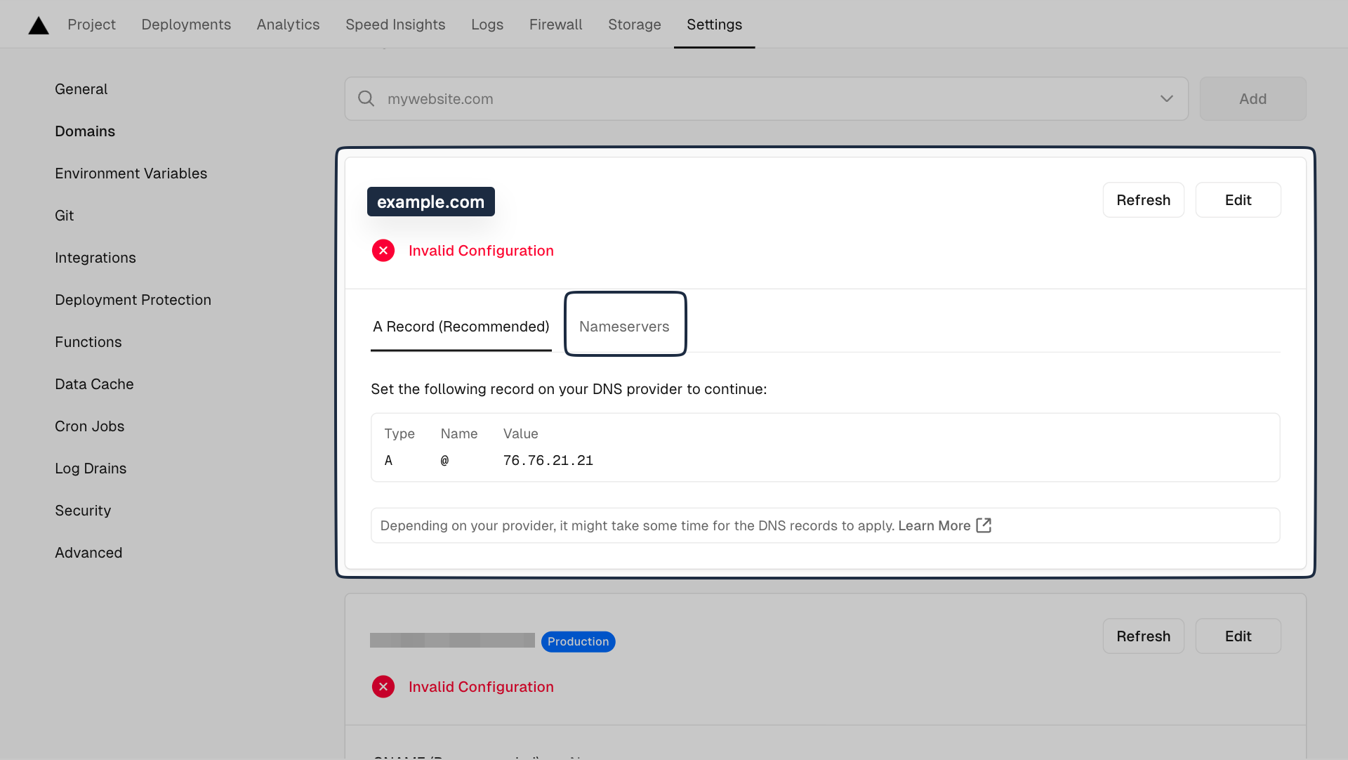 Vercel-Dashboard-Domain